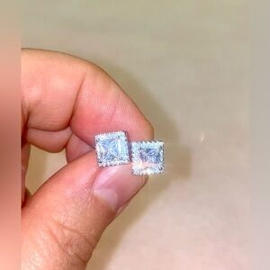 Elegant Diamond Cut CZ stones Large Square Sterling Silver stud Earrings 💕